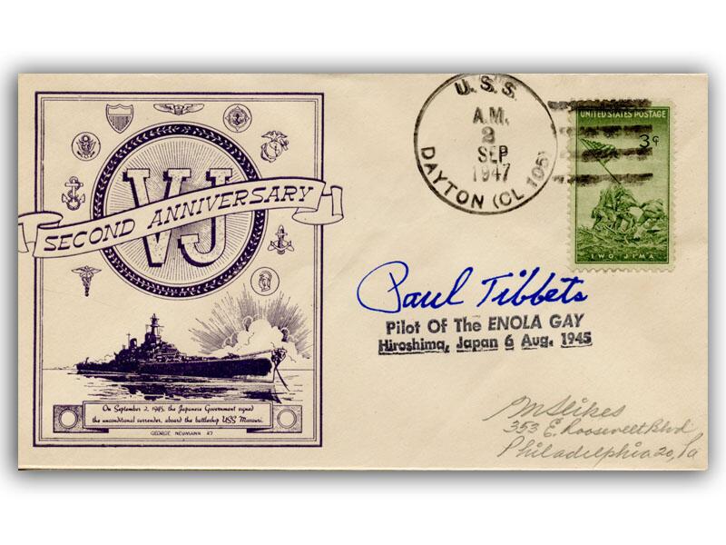 Paul Tibbets signed 1947 VJ Day 2nd Anniversary cover