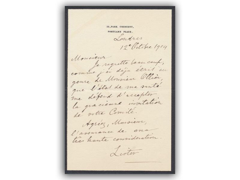 Joseph Lister 1904 letter