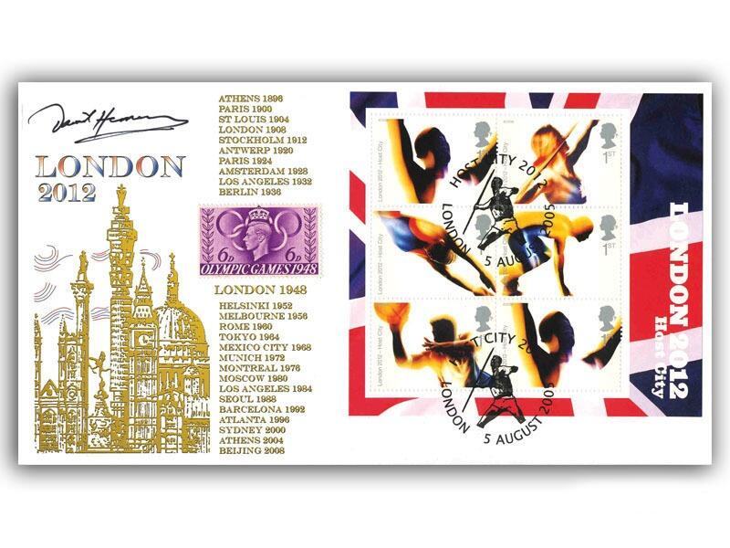 London Wins 2012 Olympic Bid - miniature sheet, signed by David Hemery MBE