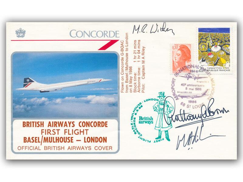 1986 BA Concorde Basel/Mulhouse - London crew signed flown cover