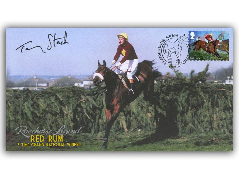 Red Rum Tribute, Racehorse Legends single stamp cover, signed Tommy Stack