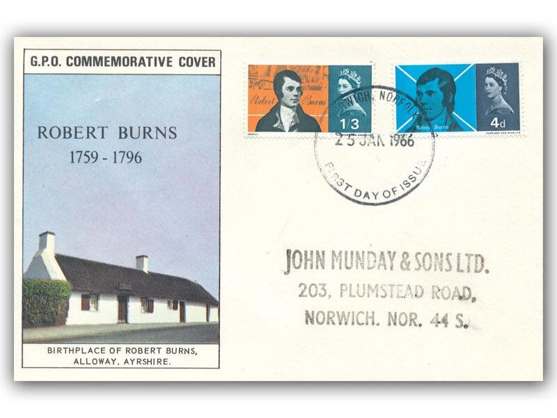 1966 Robert Burns, GPO cover, phosphor stamps, Norwich