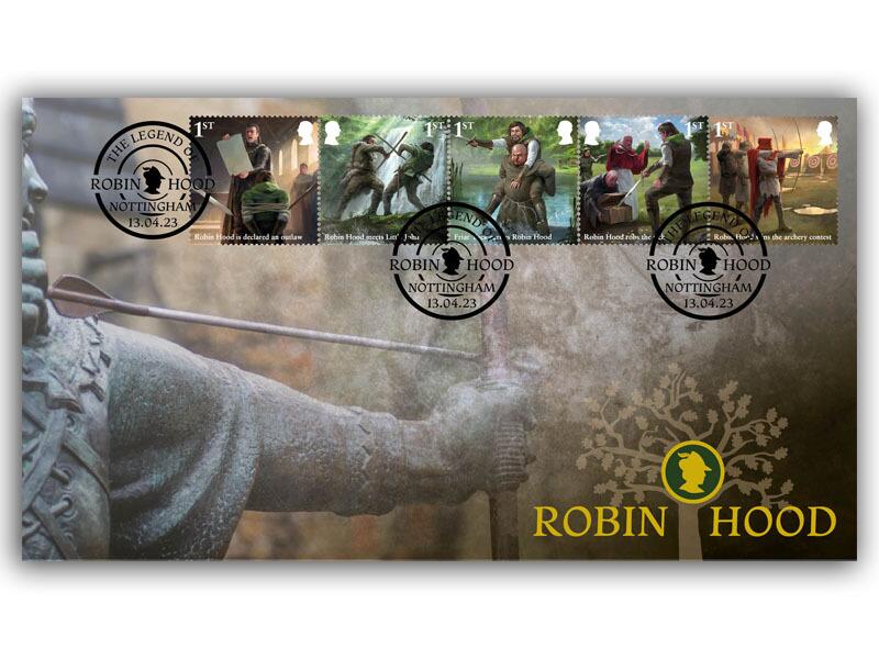 Robin Hood statue design with five Robin Hood stamps