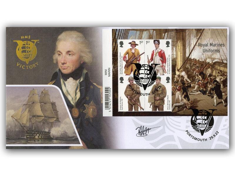 HMS Victory, Royal Marines Uniforms Barcoded Miniature Sheet Signed First Day Cover