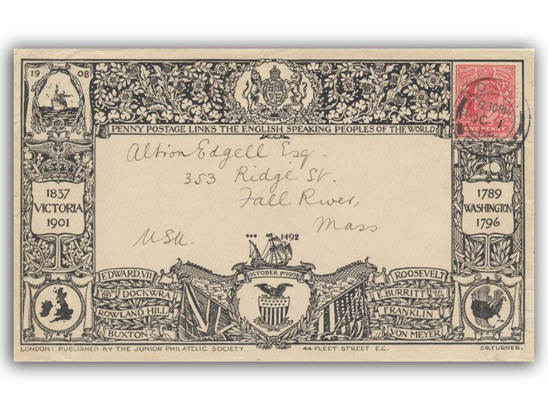 1908 Penny Post to USA, Junior Society, Massachusetts address