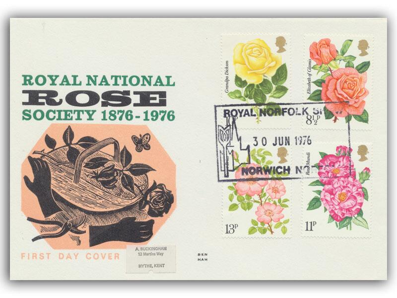 1976 Roses, Norwich Royal Show postmark, Benham Engraved cover