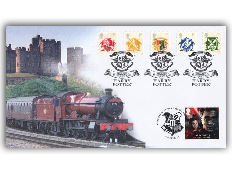 2007 Harry Potter, houses crests, stamps and postmarks, doubled with the 2023 crest special postmark