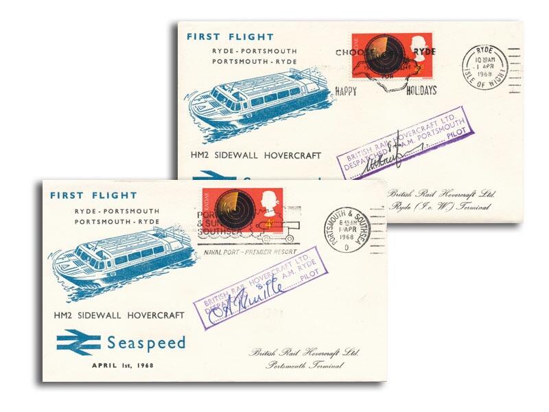 1968 Pair of Hovercraft covers, Ryde - Portsmouth, pilot signed