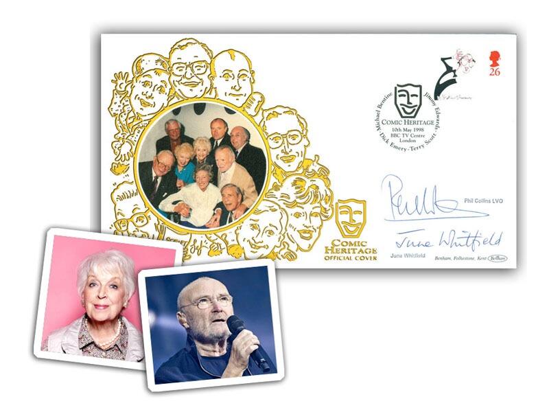 June Whitfield and Phil Collins signed Comic Heritage cover