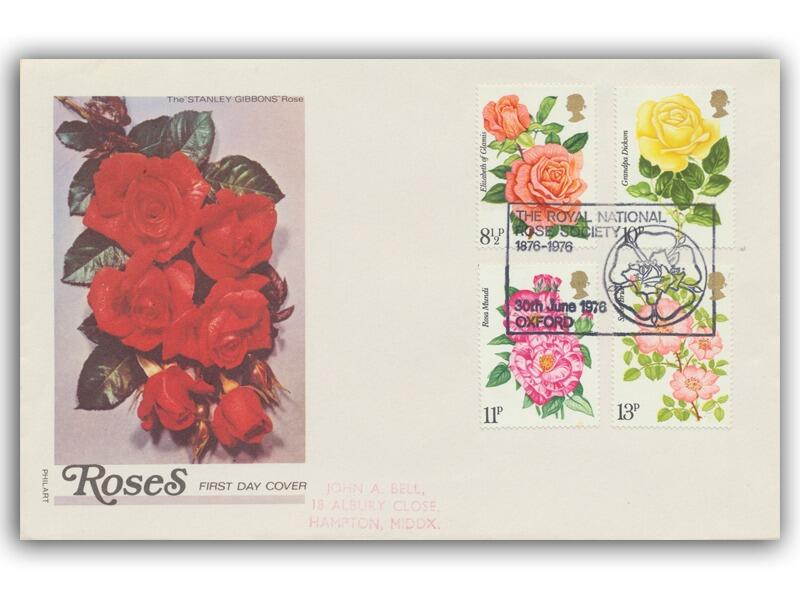 1976 Roses, Oxford Royal Society postmark, Stanley Gibbons Rose cover