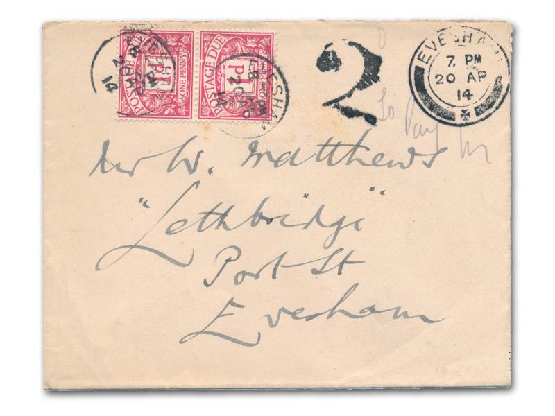 1914 1d Postage Due, Evesham CDS