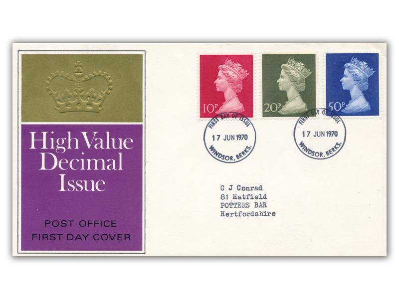 1970 High Values, Windsor FDI, Post Office cover, typed address