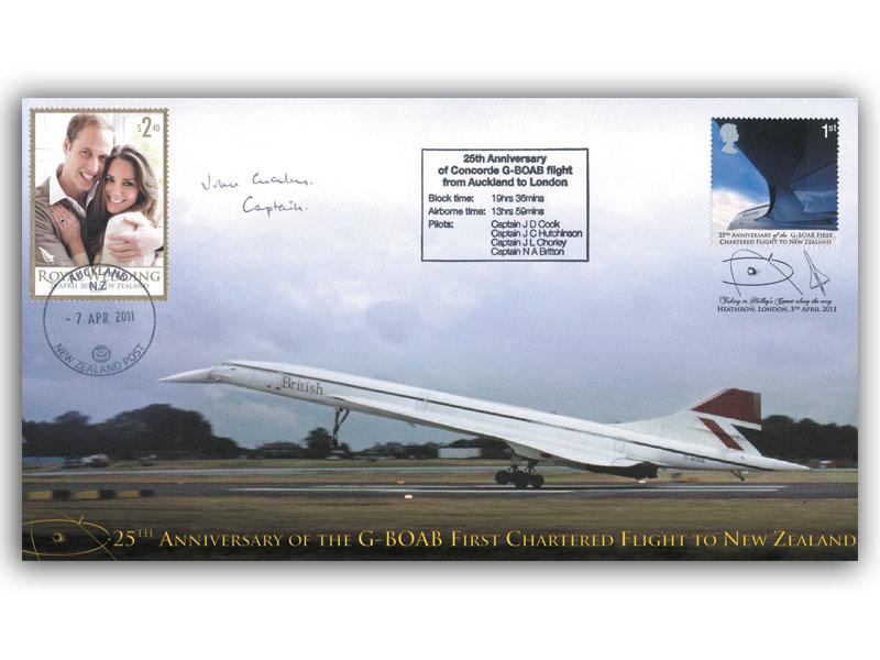 Concorde First Flight Auckland to London, 25th Anniversary, signed John Chorley + 7th April stamp