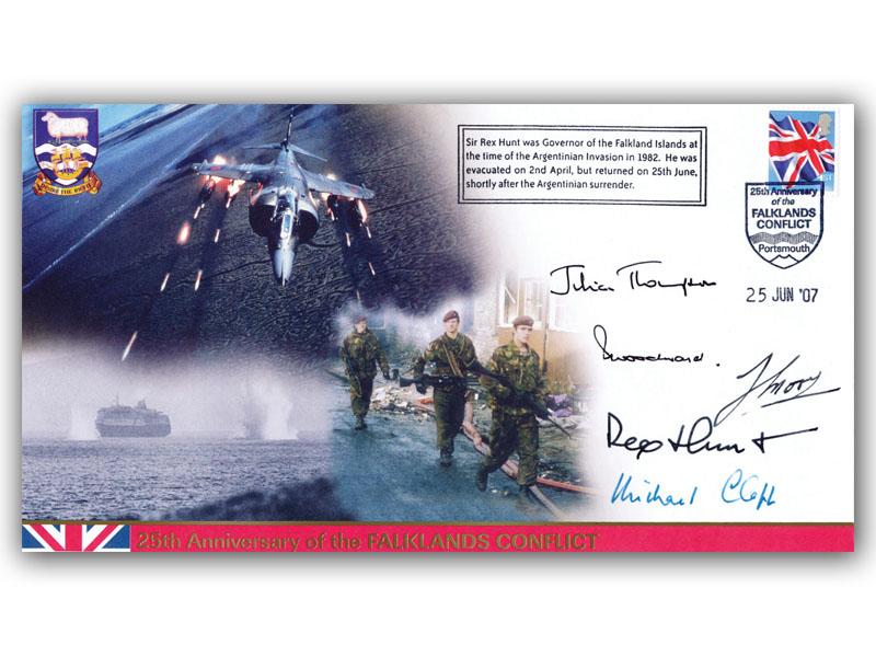 2007 Sir Rex Hunt returned to the Falkland Islands, signed by Rex Hunt, Jeremy Moore & Julian Thompson, Michael Clapp & Sandy Woodward