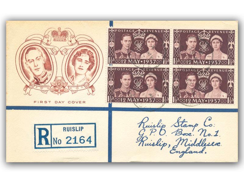 1937 Coronation, Ruislip CDS, block of four, Ruislip Stamp Company brown cover