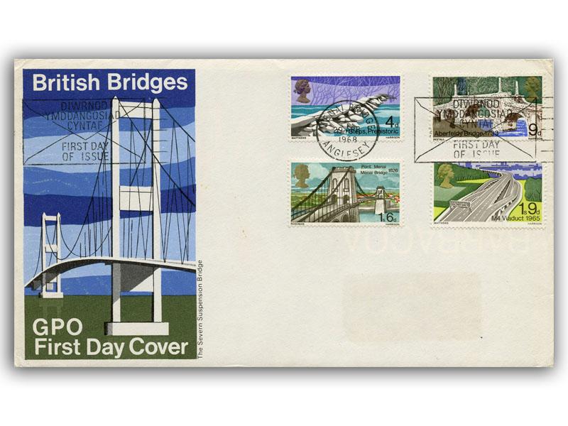 1968 Bridges, Menai Bridge FDI envelope slogan, GPO Severn Bridge cover