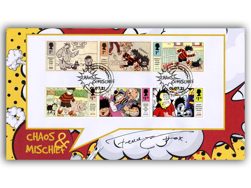 70th Anniversary of Dennis & Gnasher Stamps Cover signed by Freddie Fox
