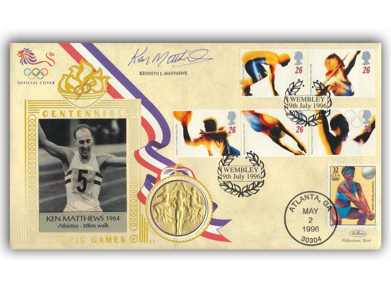 Ken Matthews signed 1996 Olympics gold medal cover