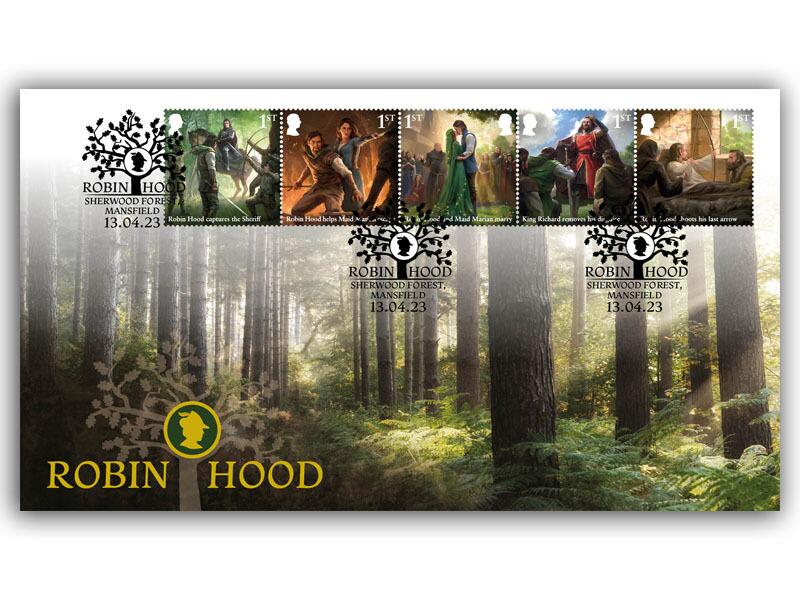 Sherwood Forest design with five Robin Hood stamps
