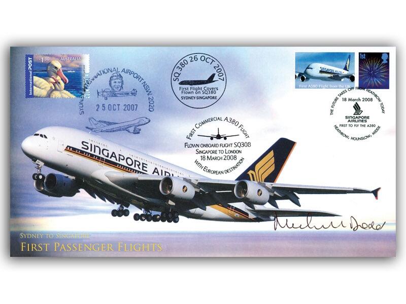 2007 First Passenger Flights Sydney to Singapore, Double Flown, Signed Michael Dodd