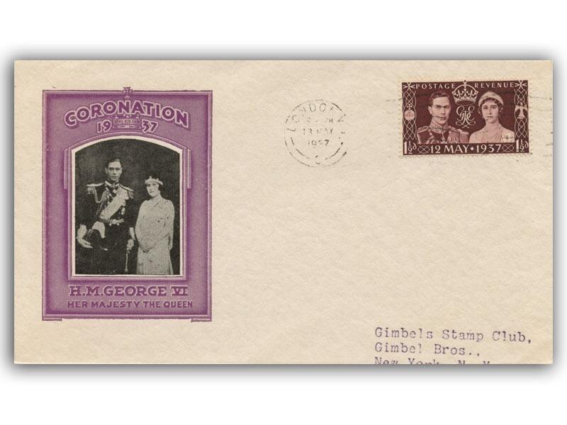 1937 Coronation, London slogan, purple Gimbels Stamp Club cover & address