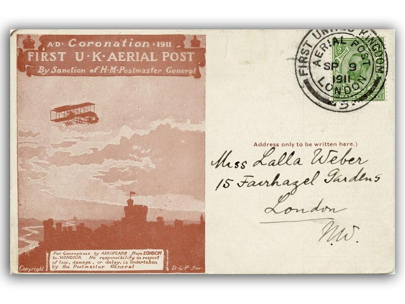 1911 Aerial Post, 1/2d Postcard, Red/Brown, addressed to London