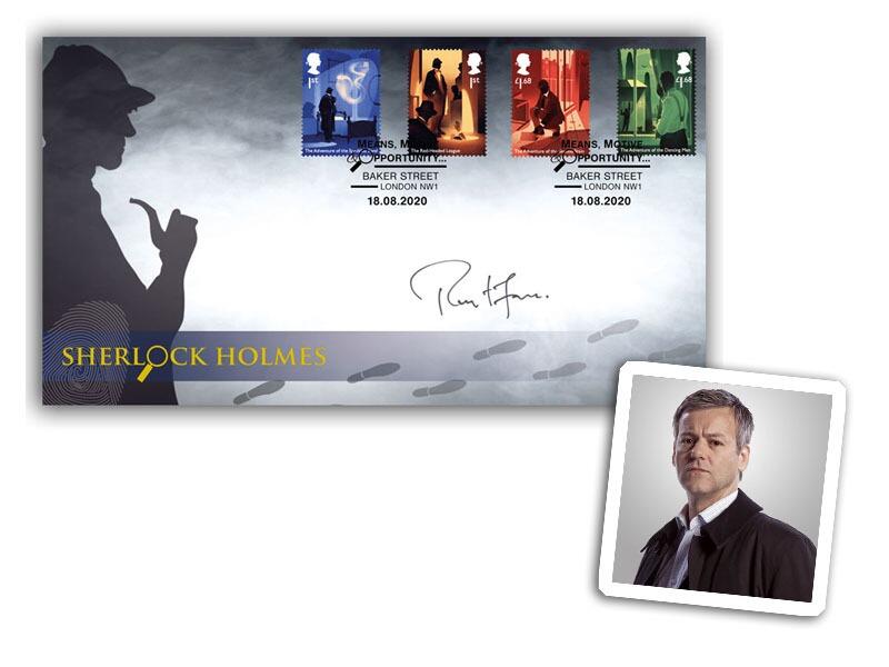 Sherlock Holmes miniature sheet stamps, signed Rupert Graves 'Inspector Lestrade'