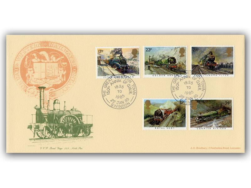 1985 Trains, The Great Western Town Swindon special postmark, Bradbury GWR Broad Gauge cover