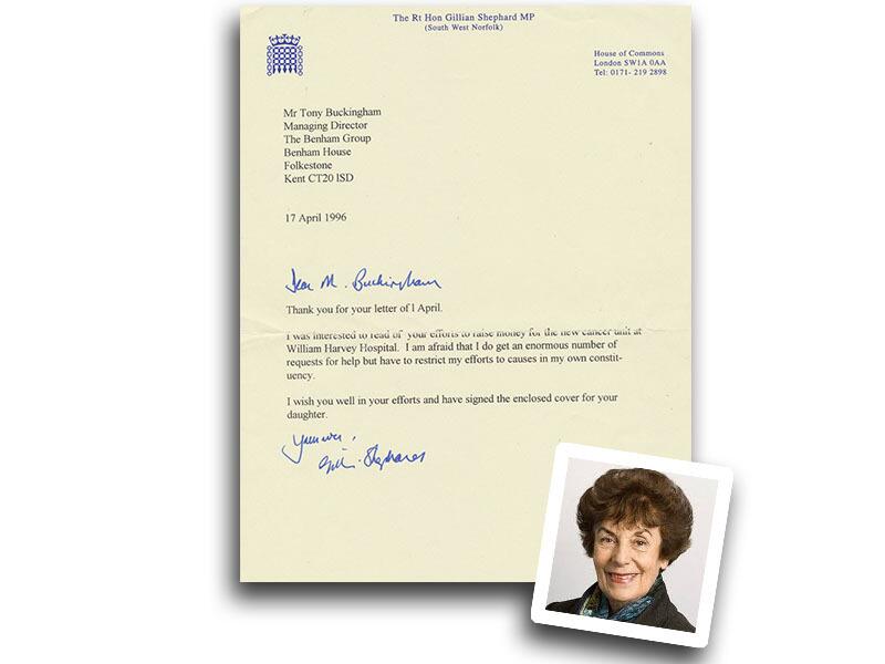 Gillian Shephard MP signed, typed letter