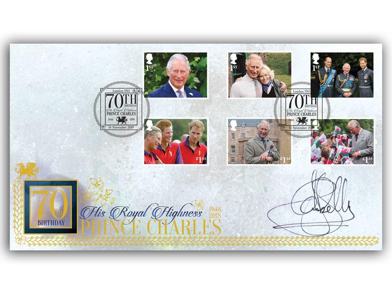 HRH Prince Charles 70th Birthday Stamps from the Miniature Sheet, signed by Ian Skelly