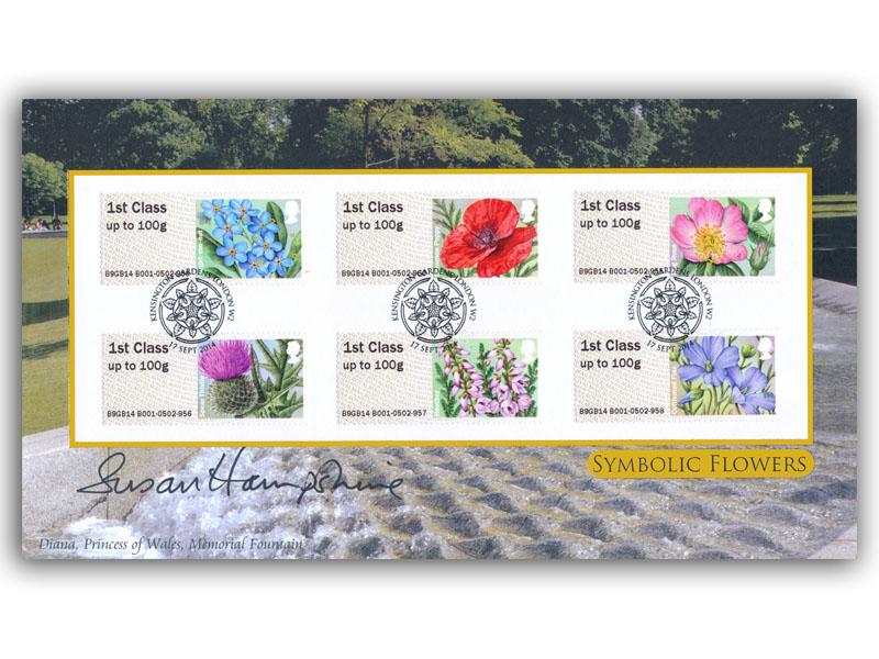 2014 Post & Go  - Symbolic Flowers, Machine stamps, signed by Susan Hampshire