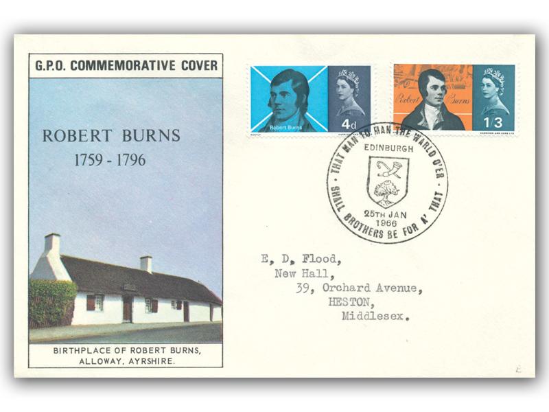 1966 Robert Burns, phosphor, Edinburgh 38mm postmark