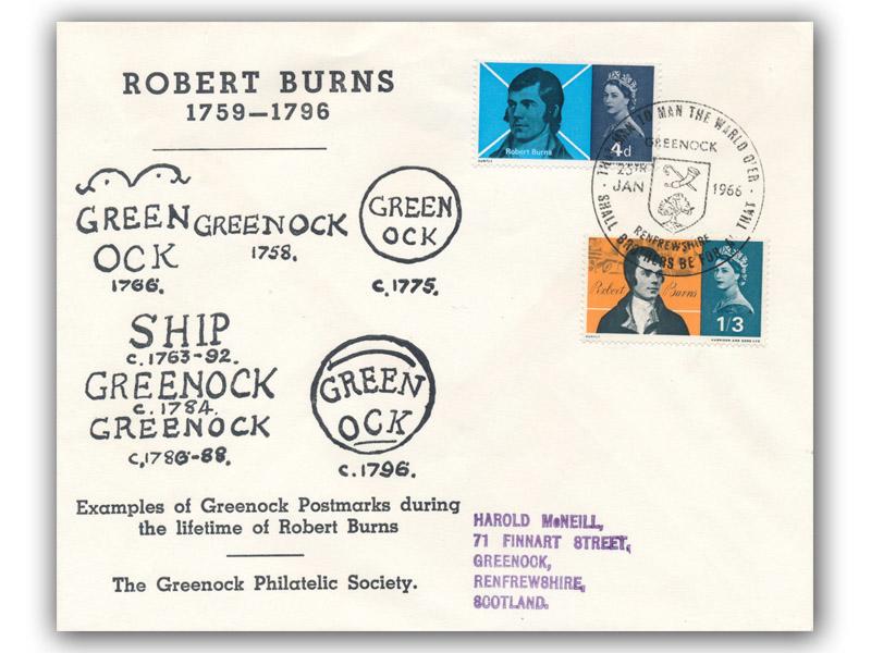 1966 Robert Burns, ordinary, Greenock 38mm postmark, Philatelic Society Cover