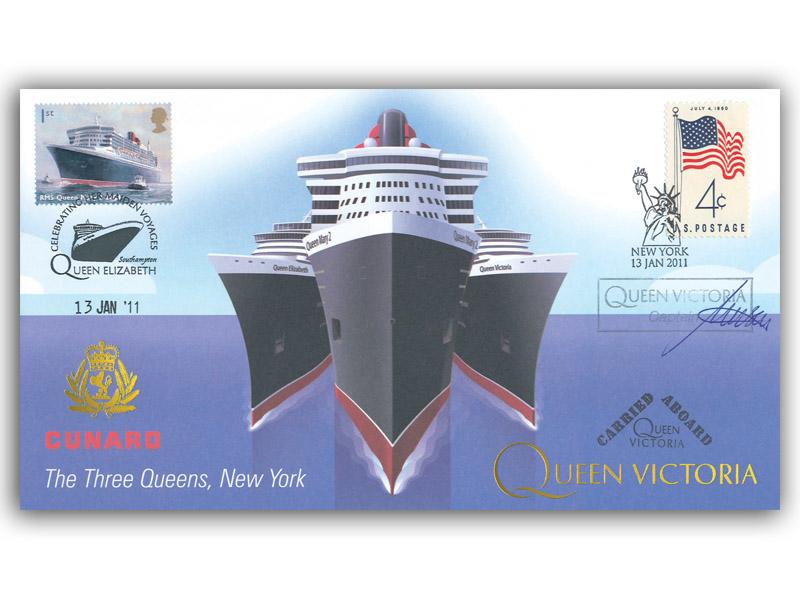 Three Cunard Queens Meeting, New York -  Queen Victoria, signed Captain Inger Olsen