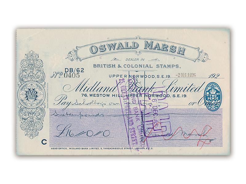 Oswald Marsh signed personal cheque
