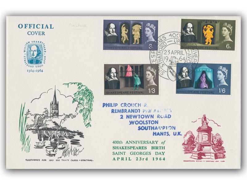 1964 Shakespeare, phosphor, Stratford postmark, Holy Trinity Church cover