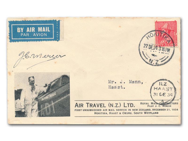 1934 New Zealand Air Travel Hokitka - Haast, Pilot Signed