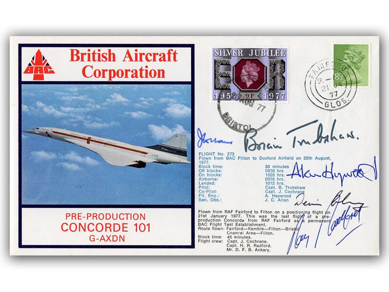 Brian Trubshaw, John Cochrane, Alan Heywood, Dennis Ackary & Roy Radford signed 1977 Concorde BAC 101 flown cover
