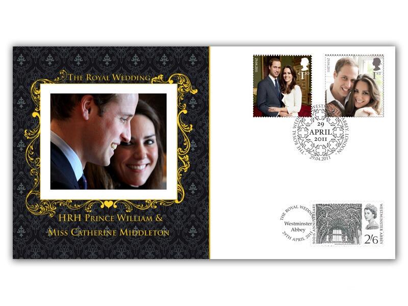 Royal Wedding, pair of stamps, Westminster Abbey, close up illustration