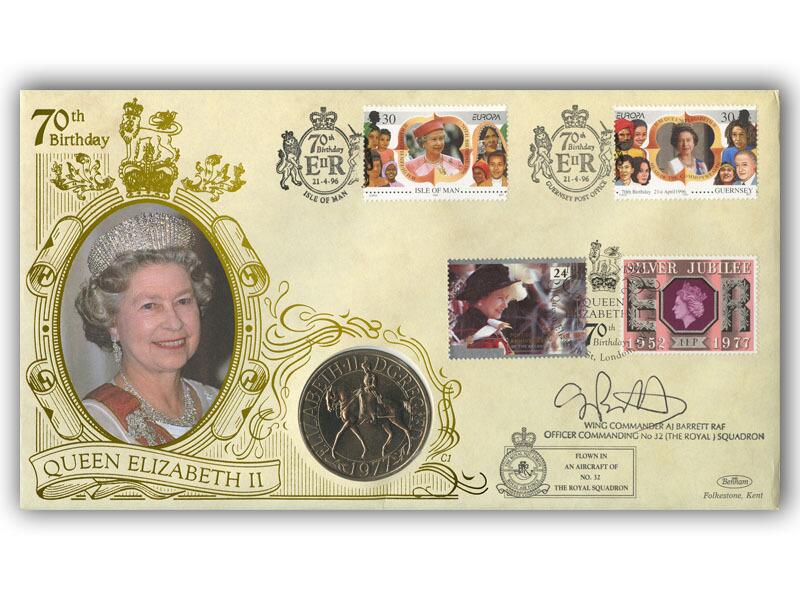 1996 Queens 70th Birthday, 1977 Jubilee crown coin cover, triple postmarked, signed by Wing Commander Barrett