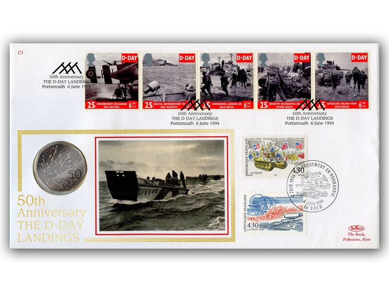 1994 D-Day coin cover, Portsmouth & Caen postmarks
