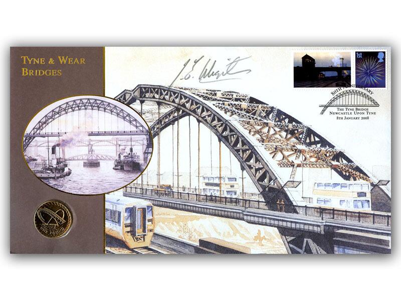 Tyne & Wear Bridges coin cover, signed John Wigston