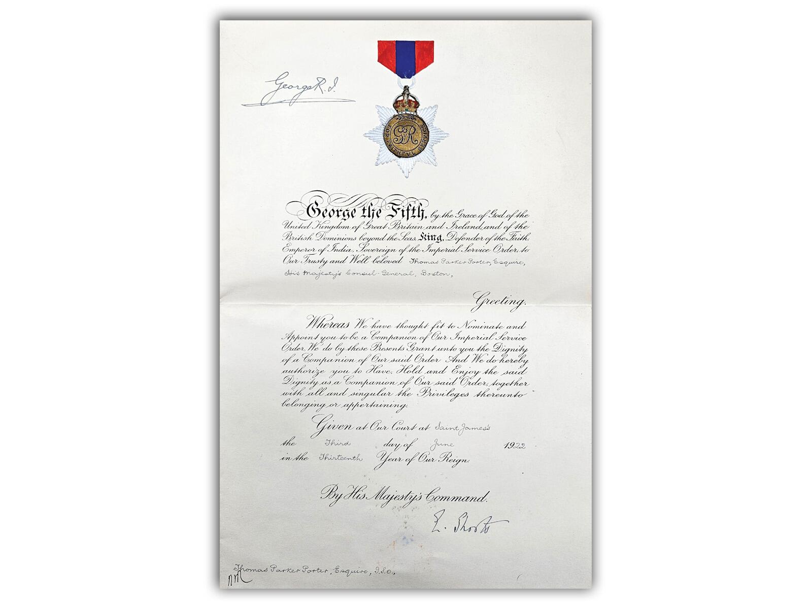 King George V Signed | 1922 Imperial Service Order Document