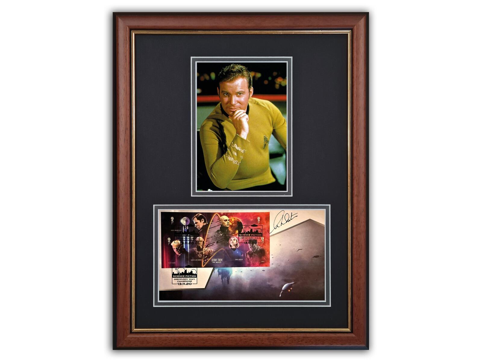 William Shatner Autographed | Framed (Brown) Star Trek Miniature Sheet