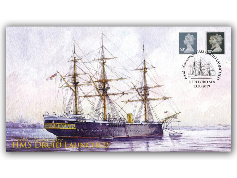 150th Anniversary of the Launch of HMS Druid featuring stunning painting by renowned artist John Wigston with a Deptford postmark (13th March, 2019).