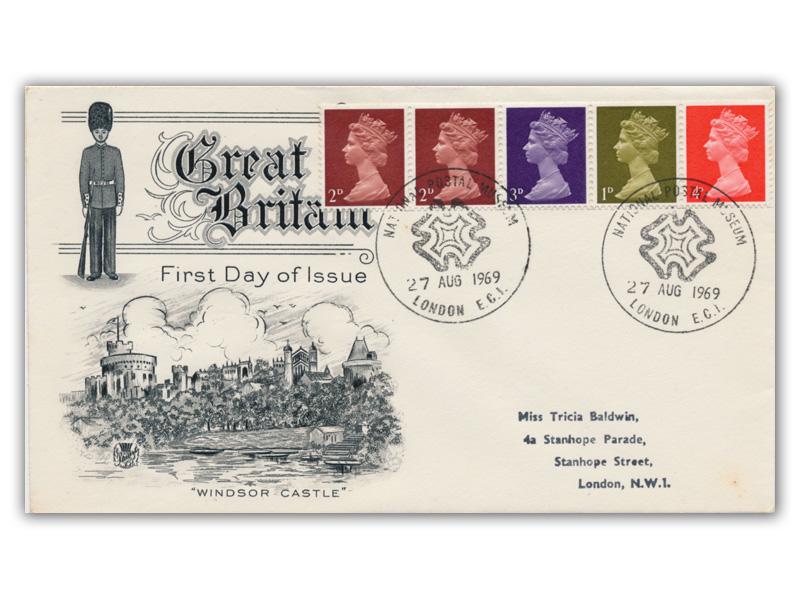 1969 1/- Coil, National Postal Museum postmark, Stuart cover, typed address