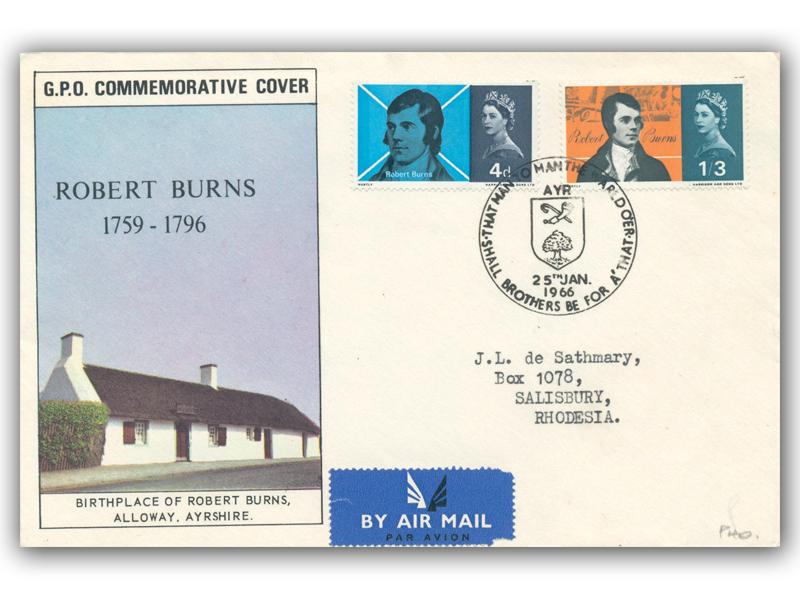 1966 Robert Burns, phophor, Ayr 34mm postmark