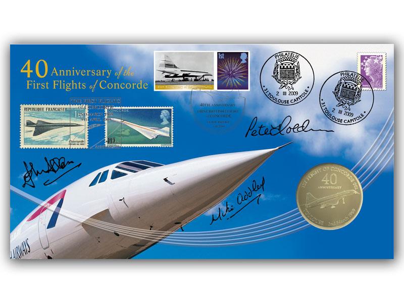 40th Anniversary of the First Flights of Concorde Coin Cover, Signed by Addley, Allan & Holding