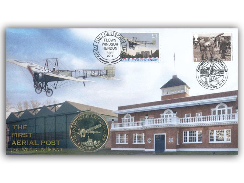2011 Aerial Post Centenary - Windsor to Hendon Coin Cover, London NW9 postmark and flown