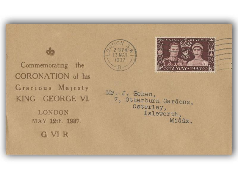 1937 Coronation, London slogan, gold text cachet cover, typed address